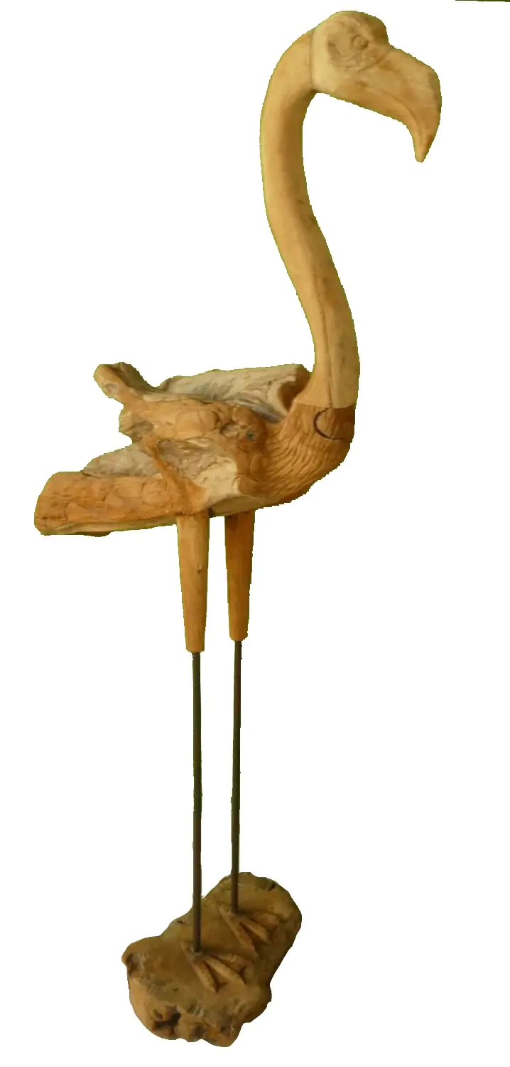  Product image 2 of the product “Flamingo, made from teak root partially carved, About 1,90 mtr high. 2 Parts, metall feet. ”